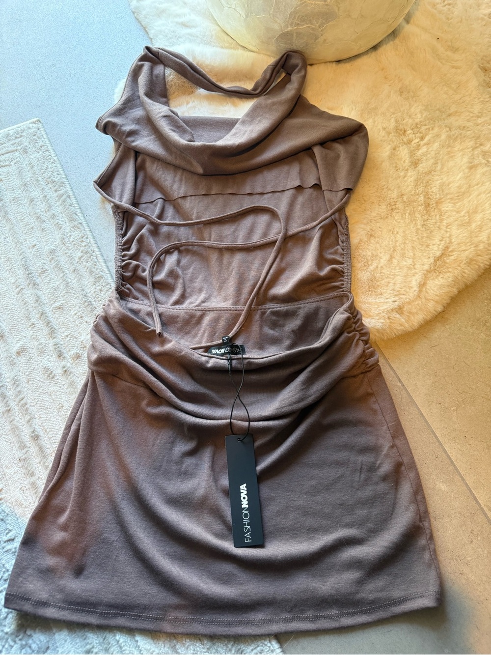 Fashion Nova Backless Cowl Neck Ruched Mini Dress - Brown - Picture 2 of 2
